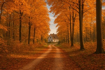 Wall Mural - journey along the fall woodland trail to the residence
