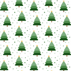 Wall Mural - Christmas tree seamless pattern.Repeat pattern with green pine trees, stars and snow isolated on white background.Vector graphic illustration wallpaper.