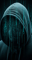 Wall Mural - dark hooded figure overlaid with teal binary code, symbolizing anonymity, hacking, or digital securi