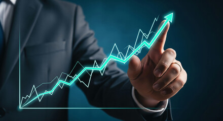 Wall Mural - hand interacting with upward trending graph, symbolizing growth, success, and positive business deve