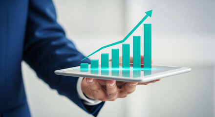 Wall Mural - hand holding tablet displaying upward teal bar graph, symbolizing growth, success, and progress in b