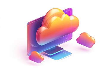 Colorful 3D cloud storage icon.  A computer monitor with a large, vibrant cloud graphic on top.  Surrounding clouds in various shades of pink and orange.  Isometric style