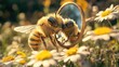 © Wallpaper - Hyperealistic unreal engine, adorable anthropomorphic bee looking in a mirror in a garden on white background -
