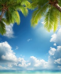 Wall Mural - Lush palm leaves create a natural frame around a bright blue sky with fluffy clouds.