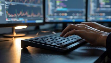 Person typing on keyboard with multiple monitors displaying data analysis graphs
