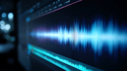 Video editing software interface on computer screen with sound waves displayed. Application for creating video content. Timeline, audio track, visual waveform. Cinematography tech concept.