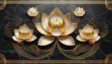 3d luxury wallpaper design with lotus flowers on a black granite background and golden line art
