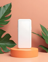 Wall Mural - A stylish white smartphone on an orange podium with tropical leaves.