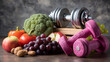 © Mmmdrza - Image combining gym equipment with healthy food to represent dieting and working out