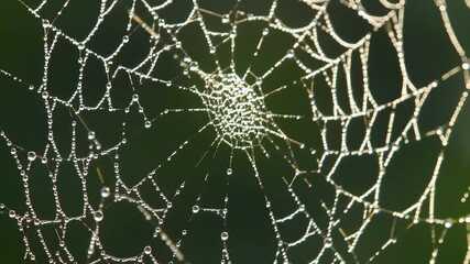 Close-up video showcasing a spiderweb glistening with morning dew drops, creating an intricate