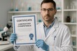 © Creative mind - A focused lab scientist, holding a certificate, embodies scientific expertise and professional achievement in a modern laboratory environment.