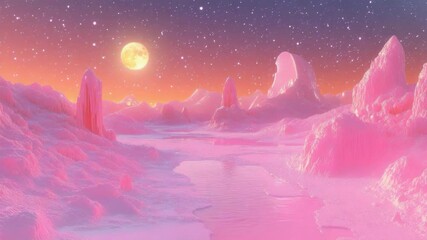 Wall Mural - a fantastical desert of crystalline formations beneath a vibrant pink night sky, illuminated by the 
