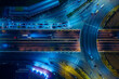 Expressway, Self-driving autonomous electric cars of the future with elements move along a busy traffic intersection. Artificial Intelligence, Car Scan, GPS Tracking, Smart Roads, IoT, highway