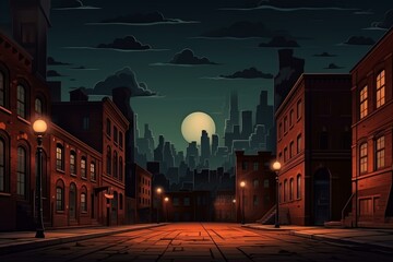 Wall Mural - Dark and moody cityscape with empty street, old brick buildings, glowing street lamps and large moon illuminating the skyline at night