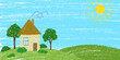 © Hulinska Yevheniia - House and garden background. Crayon kid landscape with spring field. Vector green grass, house, sky, cloud child wax pastel painting. Spring nature meadow landscape crayon illustration background