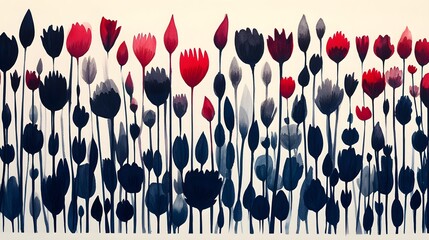 Wall Mural - Abstract Watercolor Flower Meadow Painting Red Blue Flowers