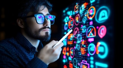 Man interacts with digital interface, night, app development