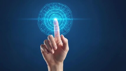 A hand gently touches a glowing blue circular interface, symbolizing digital technology and innovation