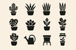 © Iryna - Black silhouette icons of various potted plants and gardening tools on beige background