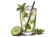 © Aisyaqilumar - A monochrome sketch of a mojito cocktail, with a glass full of ice, a straw, mint leaves, and a lime half beside it.