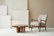 © Igor - Soft beige lounge chair and live edge wood coffee table styled in neutral interior with minimal art backdrop