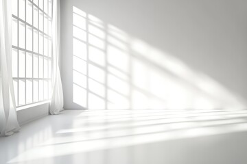 Wall Mural - bright, empty room with large windows letting in natural light, creating shadows on the white floor 