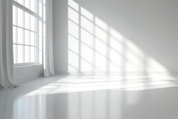 Wall Mural - sunlight streams through large windows, casting bright, geometric shadows on a clean, empty white ro