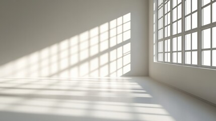Wall Mural - sunlight streams through large grid windows, casting geometric shadows on a clean, minimalist white 