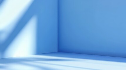 Wall Mural - minimalist empty blue room with light and shadow casting geometric patterns on the walls and floor.