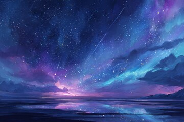 Wall Mural - Purple And Blue Night Sky With Glowing Stars Over Calm Water