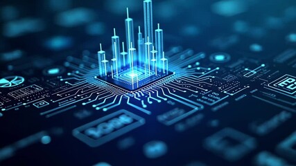 Central processing unit on circuit board with skyscrapers. Big data processing in city. Digital technology concept footage.