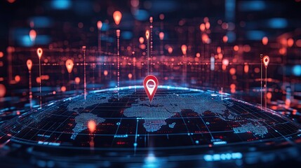 Floating HUD globe with location pins and data grid representing global navigation, tech systems, and geodata