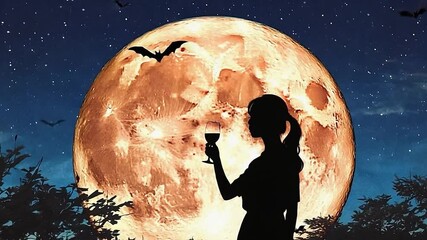 Wall Mural - woman is standing in front of a large orange moon. she is holding a wine glass and she is enjoying t