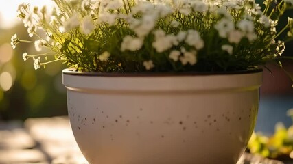 Wall Mural - Closeup of a pot of white flowers, creating a calming and natural ambiance, illuminated by soft, ambient light.