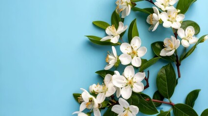 Wall Mural - Blooming sprig with delicate white petals and golden stamens against a soft azure backdrop showcasing spring floral elegance
