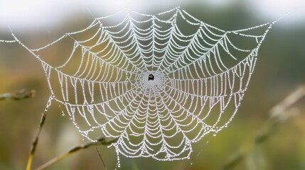 A spiders web adorned with dew in a natural environment
