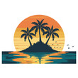 © MdMizanur - Tropical island with palm trees and birds at sunset over the ocean