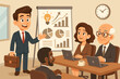 © MarioStudios - Business Team Meeting Presentation. Cartoon Vector Illustration of Office Workers Analyzing Charts, Graphs, and Data on Flipchart. Corporate Strategy, Financial Report, Brainstorming, Collaboration