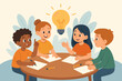 © James - Diverse group of children brainstorming creative ideas at round table, teamwork, collaboration, light bulb inspiration, education, problem solving, innovation, learning, school project concept