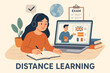 © Jonas - Distance learning online education vector. Student studying at home with laptop, taking language courses, preparing for exams. E-learning, homeschooling, remote study, virtual classroom concept.