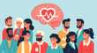 © agra - Diverse group of people with a brain icon showing a heart rate.