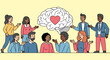 © agra - Diverse group with a brain illustration featuring a prominent red heart.