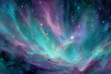 Wall Mural - Ethereal Purple Pink Teal Green Night Sky with Aurora Nebula and Stars