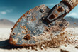 © La Neve - Desert Shovel: A weathered shovel head pierces the gritty desert ground, revealing rust and grit, portraying the harsh realities of manual labor under a clear sky.