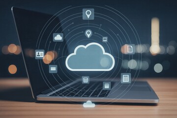 cloud computing on laptop: a sleek laptop rests on a wooden surface, showcasing a futuristic cloud c