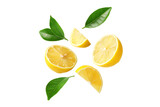  yellow lemon slices falling with green leaves isolated on white background PNG ,AI GENERATED