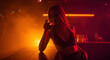 © Vasiliy - Woman drinking cocktail at nightclub bar with orange and red neon lighting. Party lifestyle scene for entertainment venues and alcohol marketing campaigns
