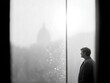 © Pimporn - A Man's Contemplative Moment: Lost in Thought by a City Window on a Foggy Day. A Black and White Masterpiece of Solitude and Reflection