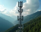 Aerial drone view of GSM and radio telecommunication tower in mountains under blue sky. Cell phone tower, base transceiver station. Wireless communication antenna transmitter in green forest.