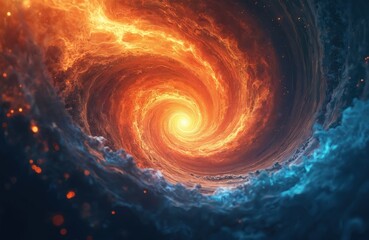 Wall Mural - Abstract swirling vortex of fire and ice with bright glowing edges. Cosmic energy design with burning orange fire and icy blue space vortex. Digital art, vibrant illustration of universe.